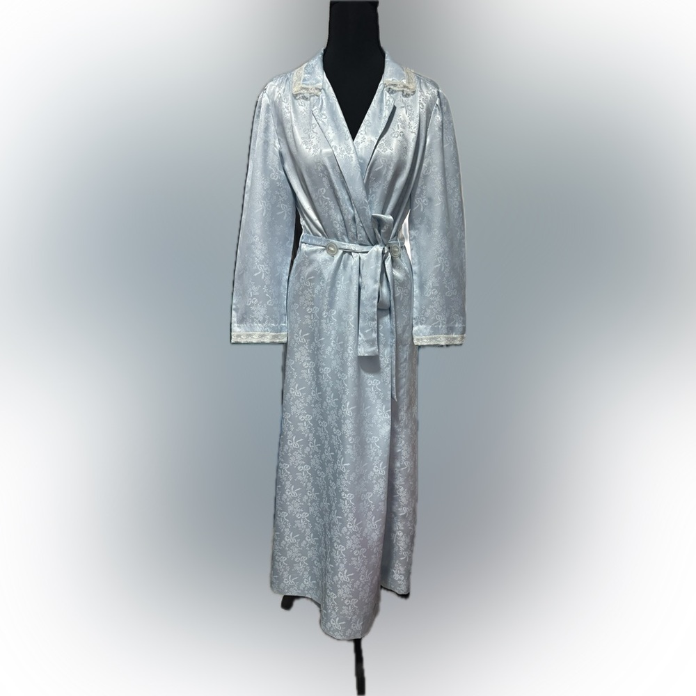 Dior Pale Blue Satin Maxi Wrap Dress with Lace Trim